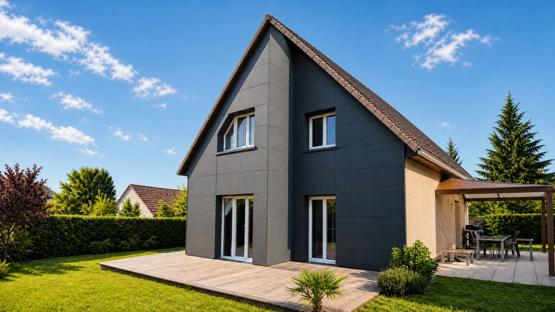 Chantier de construction résidentielle avec échafaudage métallique entourant une maison en briques rouges en rénovation