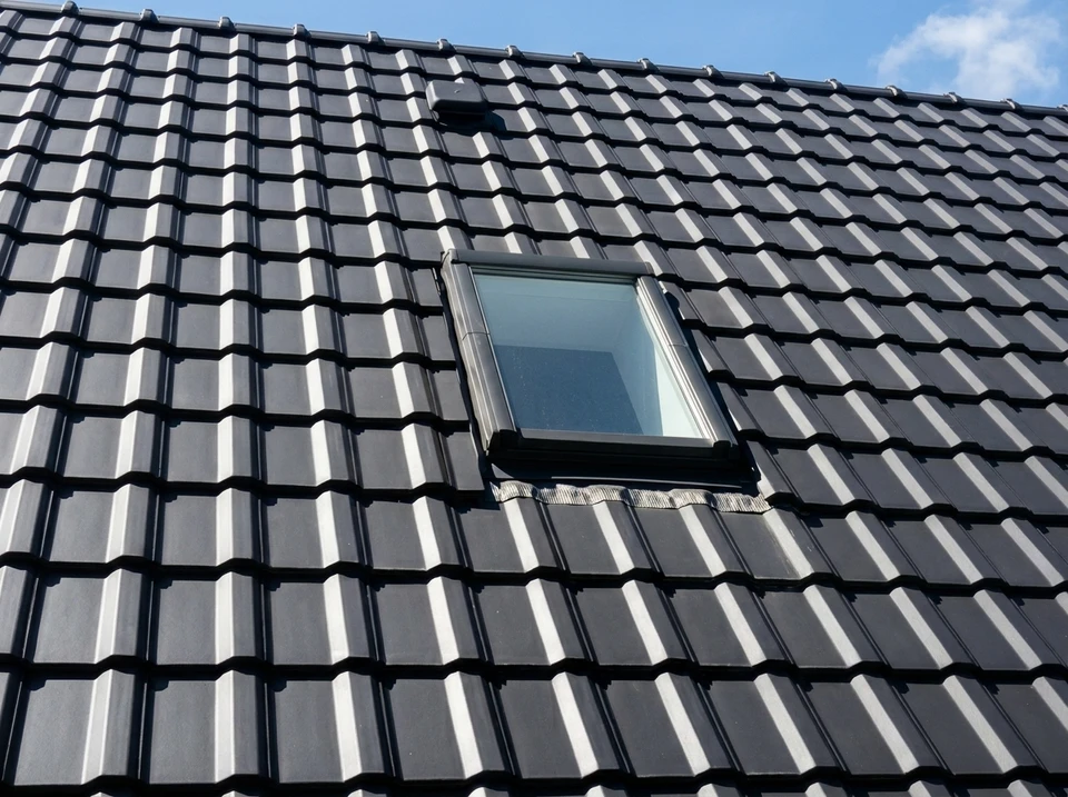 Toiture moderne d'immeuble résidentiel avec couverture métallique nervurée gris anthracite