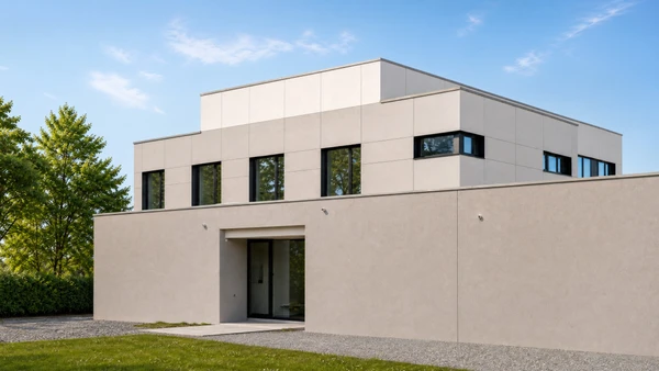 Façade extérieure de bâtiment avec bardage métallique blanc à lames horizontales sous ciel bleu